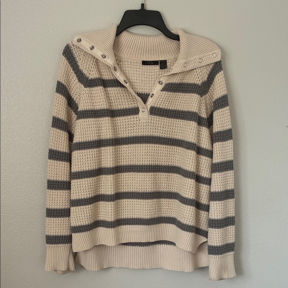 RDI Cream & Gray Striped Snap-Collar Pullover Sweater